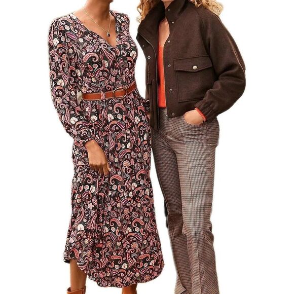 Loft Midi Dress Women Sz L Multicolor Paisley Tiered Tie Neck Long Sleeve Rayon - Picture 1 of 11